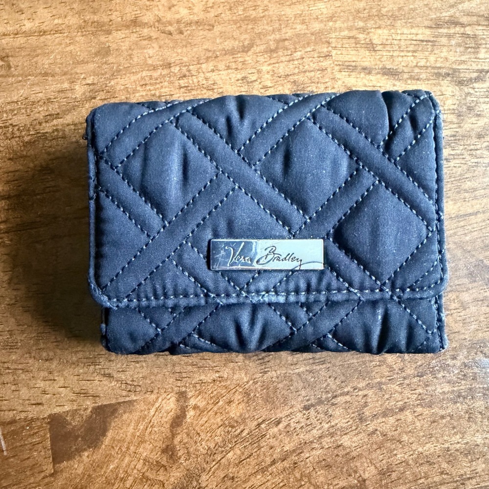 Vera Bradley Navy Blue Quilted Microfiber Trifold Wallet Snap Closure ID Window